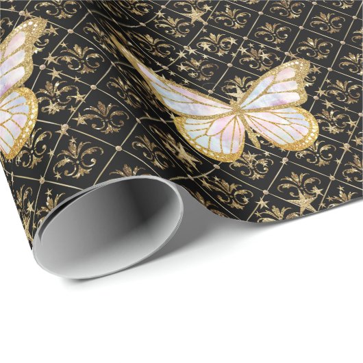 Gold Butterfly & Stars Wrapping Paper Cadeaupapier (Rol Hoek)