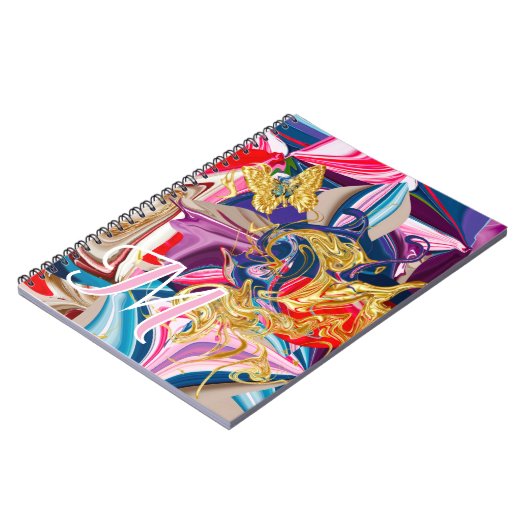 Gold Butterfly Swirl Roze Monogram Vloeistof Abstr Notitieboek (Linkerzijde)
