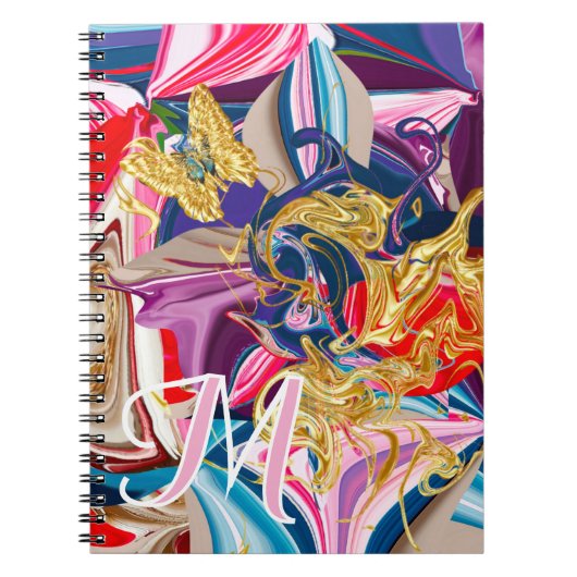 Gold Butterfly Swirl Roze Monogram Vloeistof Abstr Notitieboek (Voorkant)