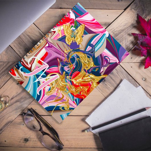Gold Butterfly Swirl Roze Monogram Vloeistof Abstr Notitieboek