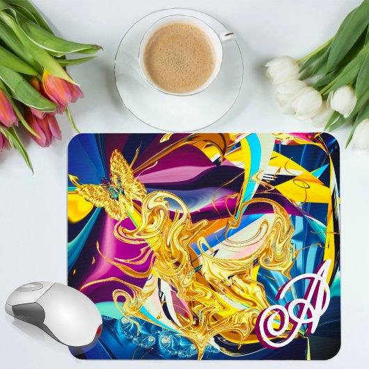 Gold Butterfly Vibrant Monogram Vloeistof Abstract Muismat