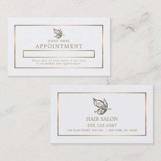 Gold Butterfly, White en Gold Appointard Afsprakenkaartje (Voorkant / Achterkant)