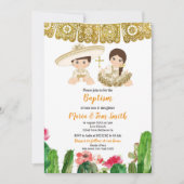 Gold Cactus Baptism Fiesta Twin Invitation Kaart (Voorkant)