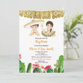 Gold Cactus Baptism Fiesta Twin Invitation Kaart (Staand voorkant)