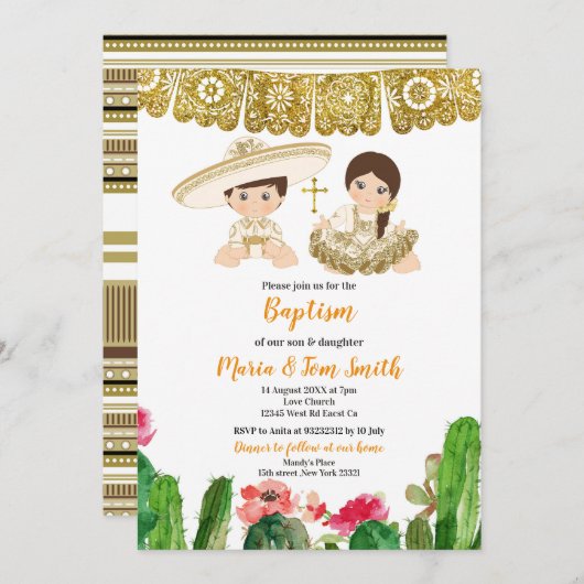 Gold Cactus Baptism Fiesta Twin Invitation Kaart (Voorkant / Achterkant)