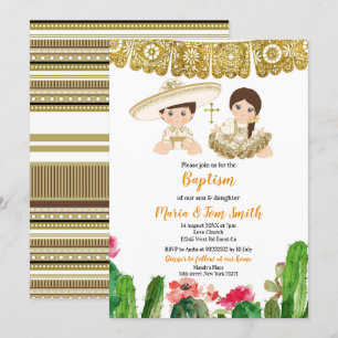 Gold Cactus Baptism Fiesta Twin Invitation Kaart