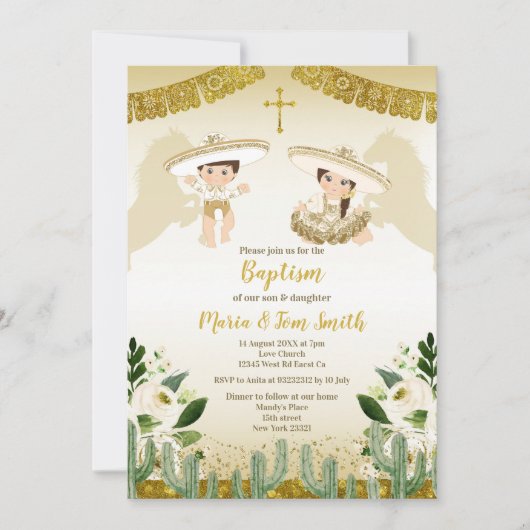 Gold Cactus Birthday Baptism Fiesta Twin Invitatio Kaart (Voorkant)