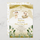 Gold Cactus Birthday Baptism Fiesta Twin Invitatio Kaart (Voorkant / Achterkant)