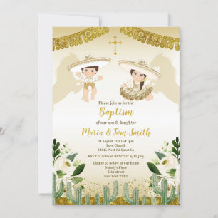 Gold Cactus Birthday Baptism Fiesta Twin Invitatio Kaart