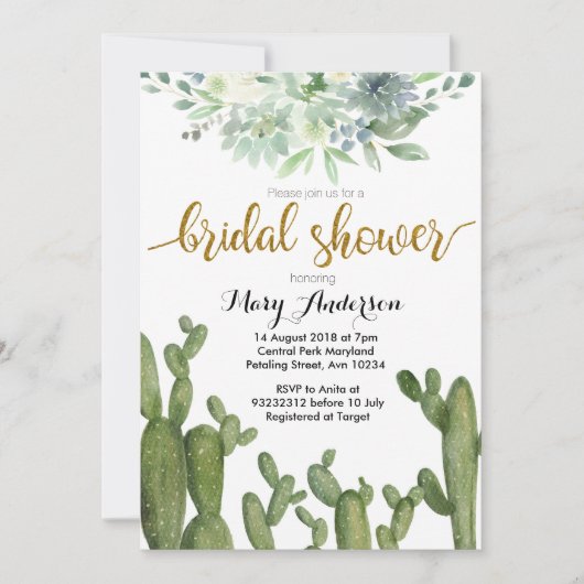 Gold Cactus Bridal Shower Invitation Succulent Kaart (Voorkant)
