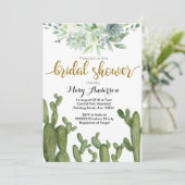 Gold Cactus Bridal Shower Invitation Succulent Kaart (Staand voorkant)