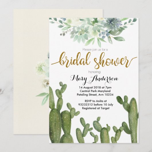 Gold Cactus Bridal Shower Invitation Succulent Kaart (Voorkant / Achterkant)