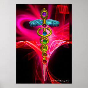 GOLD CADUCEUS,7 CHAKRAS PINK FUCHSIA Yoga Medical Poster
