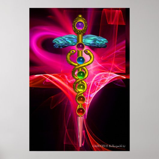 GOLD CADUCEUS,7 CHAKRAS PINK FUCHSIA Yoga Medical Poster (Voorkant)