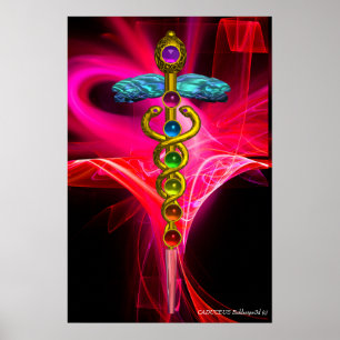 GOLD CADUCEUS,7 CHAKRAS PINK FUCHSIA Yoga Medical Poster