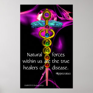 GOLD CADUCEUS,7 CHAKRAS, ULTRA VIOLET Medical,Yoga Poster