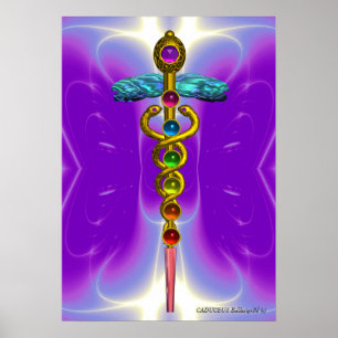 GOLD CADUCEUS 7 CHAKRAS, Yoga, Medical Paars Viole Poster