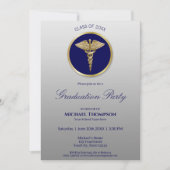 Gold Caduceus Blue Medical Afstuderen Invitation Kaart (Voorkant)