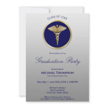 Gold Caduceus Blue Medical Afstuderen Invitation