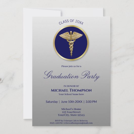 Gold Caduceus Blue Medical Afstuderen Invitation Kaart (Voorkant)