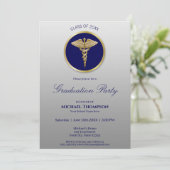 Gold Caduceus Blue Medical Afstuderen Invitation Kaart (Staand voorkant)