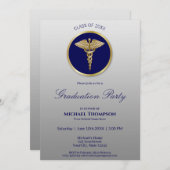 Gold Caduceus Blue Medical Afstuderen Invitation Kaart (Voorkant / Achterkant)