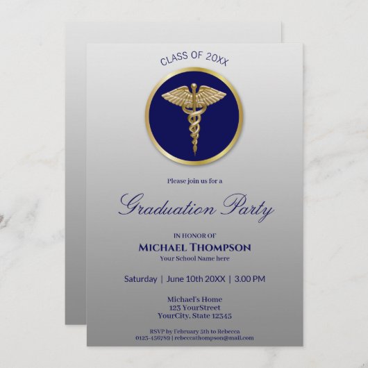 Gold Caduceus Blue Medical Afstuderen Invitation Kaart (Voorkant / Achterkant)