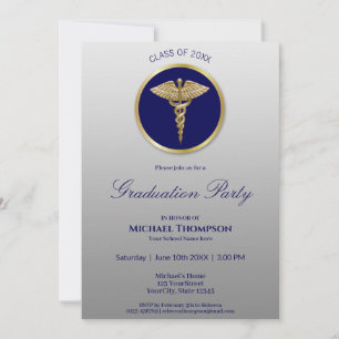 Gold Caduceus Blue Medical Afstuderen Invitation Kaart