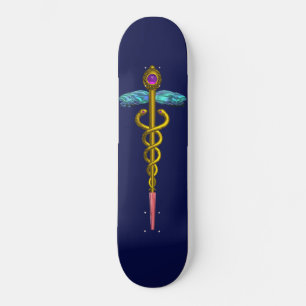 GOLD CADUCEUS Blue Skateboard