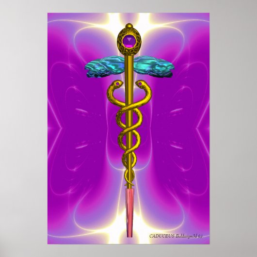 GOLD CADUCEUS Doctor, Medical Symbool Roze Fuchsia Poster (Voorkant)