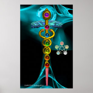 GOLD CADUCEUS EN 7 CHAKRAS IN BLAUW FRACTAAL ROOS POSTER