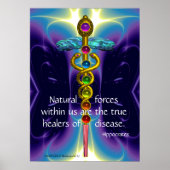 GOLD CADUCEUS EN 7 CHAKRAS IN BLAUWE PAARSE WAVES POSTER (Voorkant)