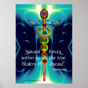GOLD CADUCEUS EN 7 CHAKRAS IN BLAUWGROEN BLAUWE WA POSTER