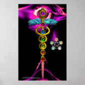 GOLD CADUCEUS EN 7 CHAKRAS IN PINK FRACTAL ROOS POSTER (Voorkant)
