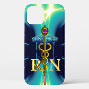 GOLD CADUCEUS GEREGISTREERD NURSE SYMBOL Aqua Blue iPhone 12 Hoesje