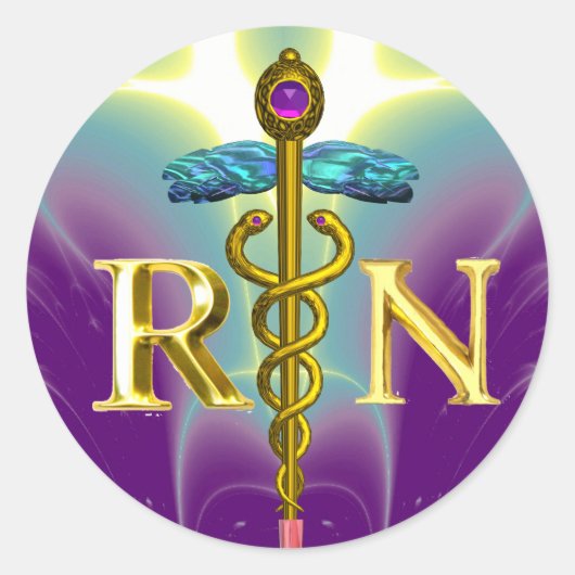 GOLD CADUCEUS GEREGISTREERD NURSE SYMBOL Paars Gre Ronde Sticker (Voorkant)