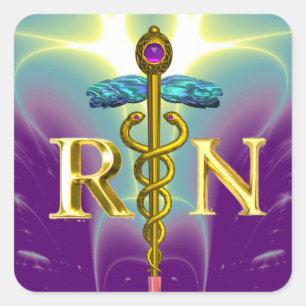 GOLD CADUCEUS GEREGISTREERD NURSE SYMBOL Paars Gre Vierkante Sticker