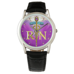 GOLD CADUCEUS GEREGISTREERD NURSE SYMBOL Pink Fuch Horloge