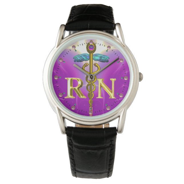 GOLD CADUCEUS GEREGISTREERD NURSE SYMBOL Pink Fuch Horloge (Voorkant)