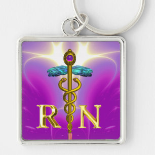 GOLD CADUCEUS GEREGISTREERD NURSE SYMBOL Pink Fuch Sleutelhanger
