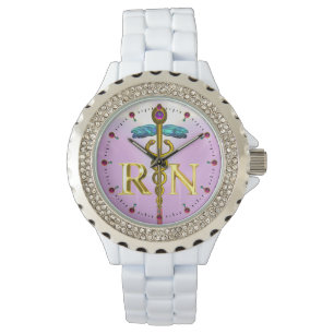 GOLD CADUCEUS GEREGISTREERD NURSE SYMBOOL / Roze,  Horloge