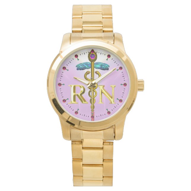 GOLD CADUCEUS GEREGISTREERD NURSE SYMBOOL / Roze,  Horloge (Voorkant)