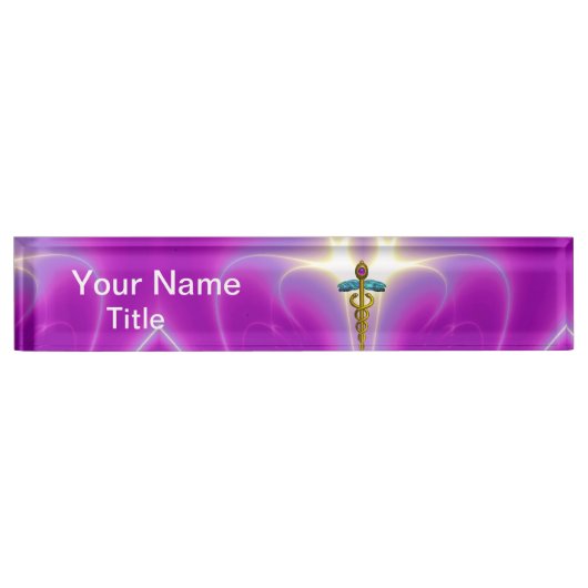 GOLD CADUCEUS, levendige roze fuchsia Naambordje (Voorkant)