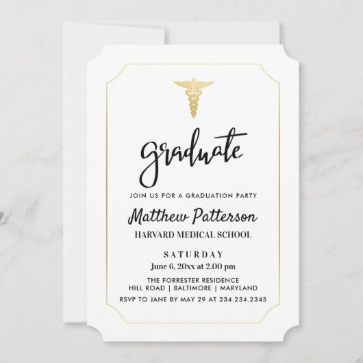 Gold Caduceus Medical Afstuderen Elegant Gold Kaart (Voorkant)