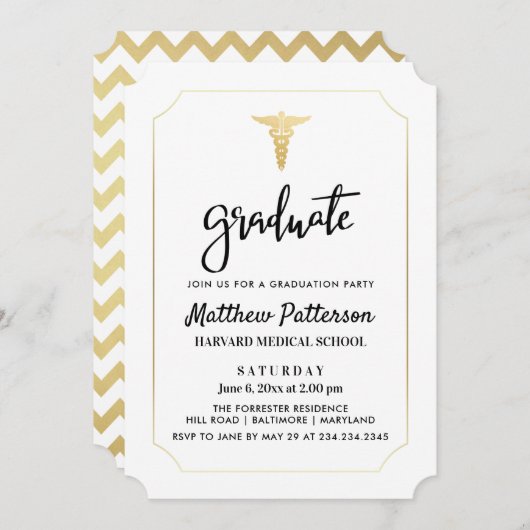 Gold Caduceus Medical Afstuderen Elegant Gold Kaart (Voorkant / Achterkant)