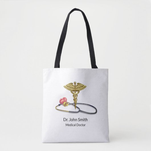 Gold Caduceus & Medical Stethoscope with Heart Tote Bag (Voorkant)