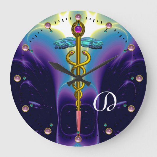 GOLD CADUCEUS Medical Symbol Blue Purple Monogram Grote Klok (Voorkant)