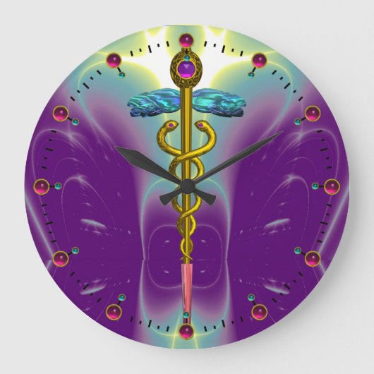 GOLD CADUCEUS Medical Symbol Purple Green Teal Grote Klok (Voorkant)
