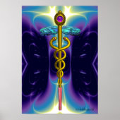 GOLD CADUCEUS Medical Symbool Paarse Blauwe Waves Poster (Voorkant)