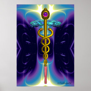 GOLD CADUCEUS Medical Symbool Paarse Blauwe Waves Poster